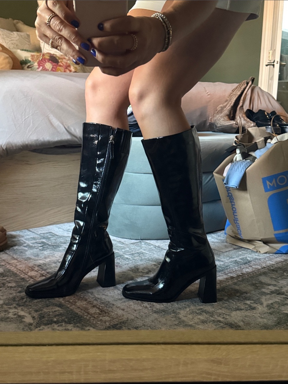 Princess Polly Black Patent Knee-High Block Heel Boots - Women